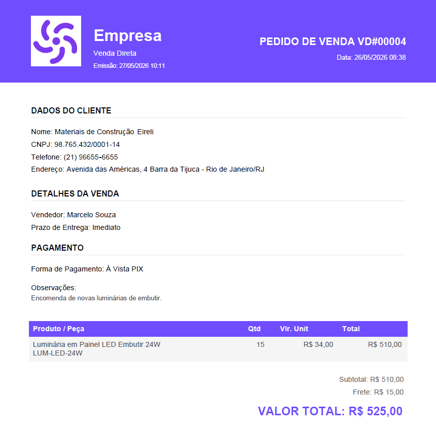 Pedido de venda PDF gerado pelo ServiFlow